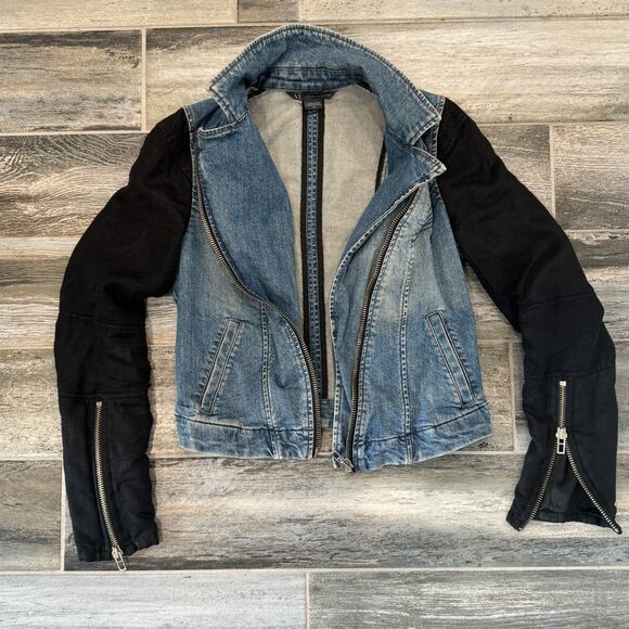 Armani A/X Denim Jacket, Black Cloth Sleeves, Zip Close Moto Fitted Denim Style - Picture 8 of 8